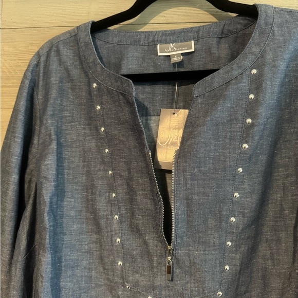 JM Collection Denim Blue Tunic with Pearl Accents - Picture 5 of 8